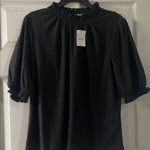 J. Crew Black Textured Blouse with Ruffled Neckline